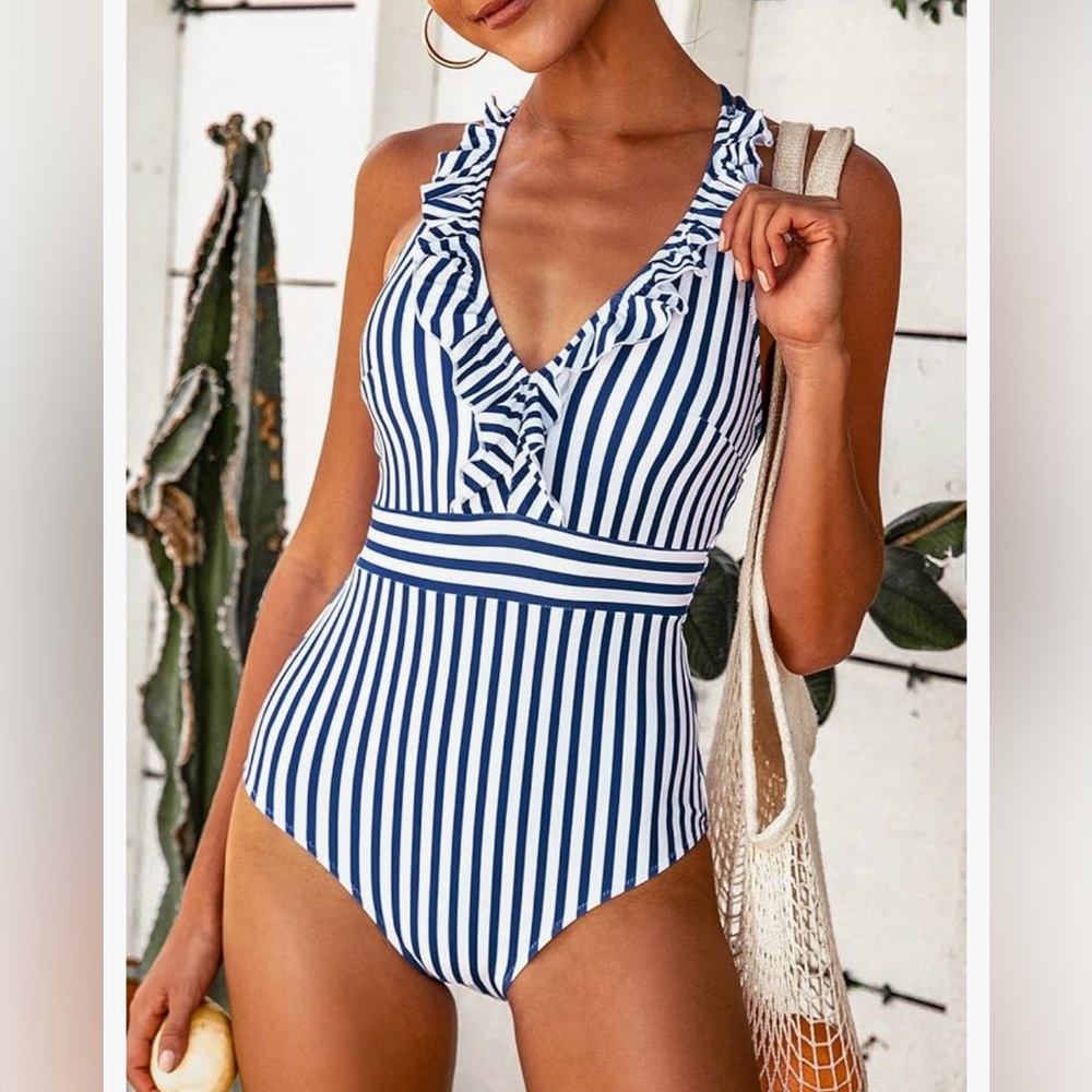 CUPSHE Women's Swimsuit V Neck Ruffled
Back Cross Striped Blue and White Small